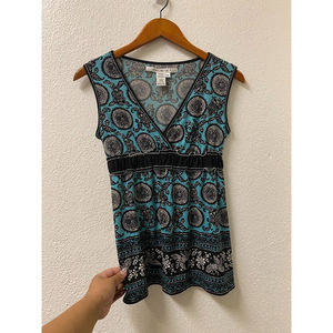 max studio black turquoise printed y2k baby doll top size xs